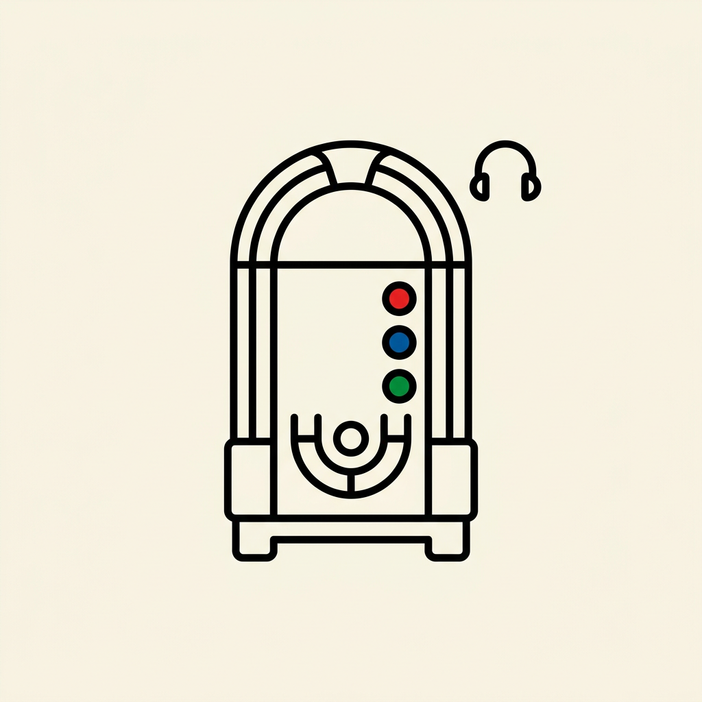 Illustration einer bunten Jukebox mit Kopfhörern und QR-Code