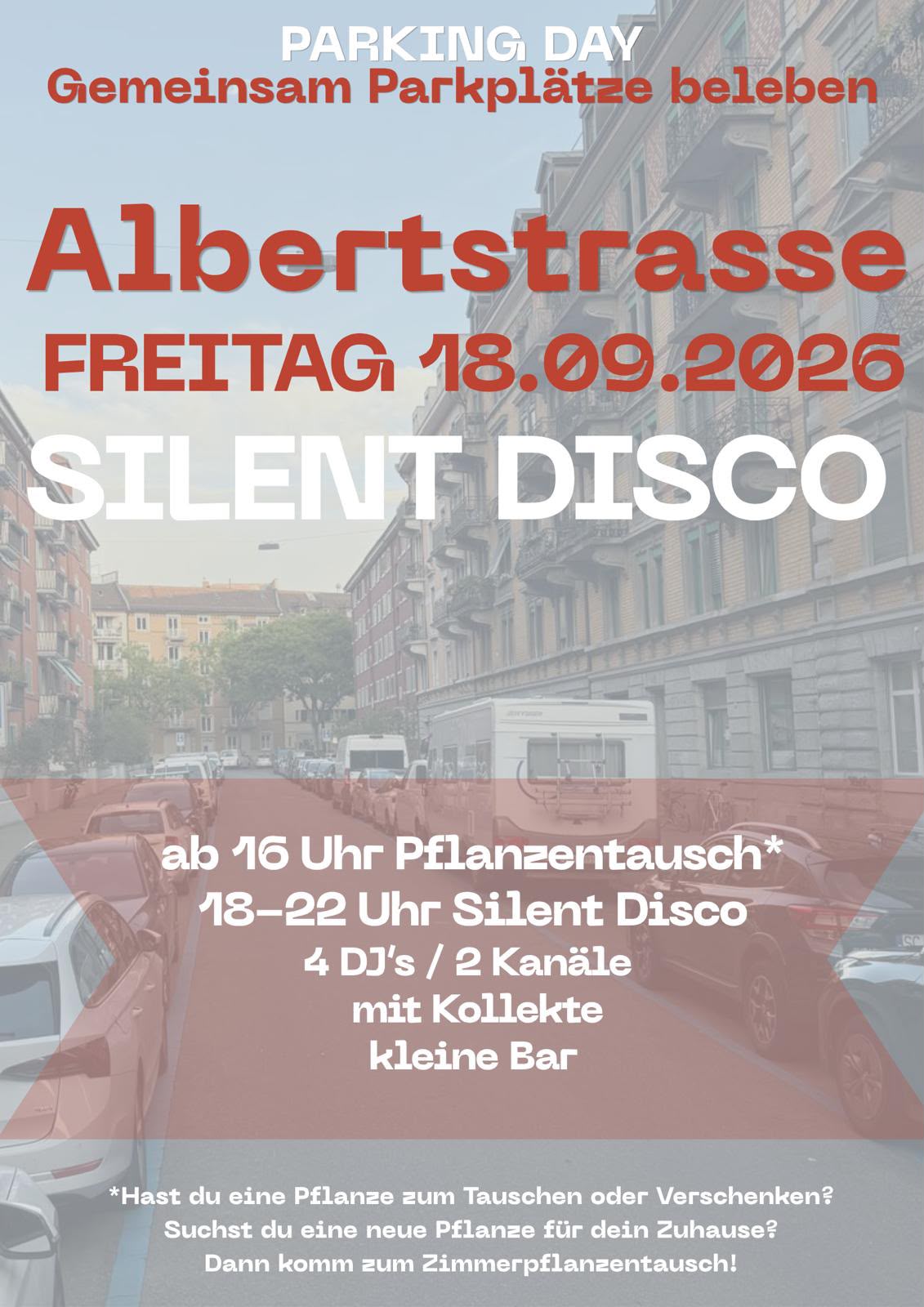 Flyer zum Parking Day Zürich an der Albertstrasse mit Silent Disco