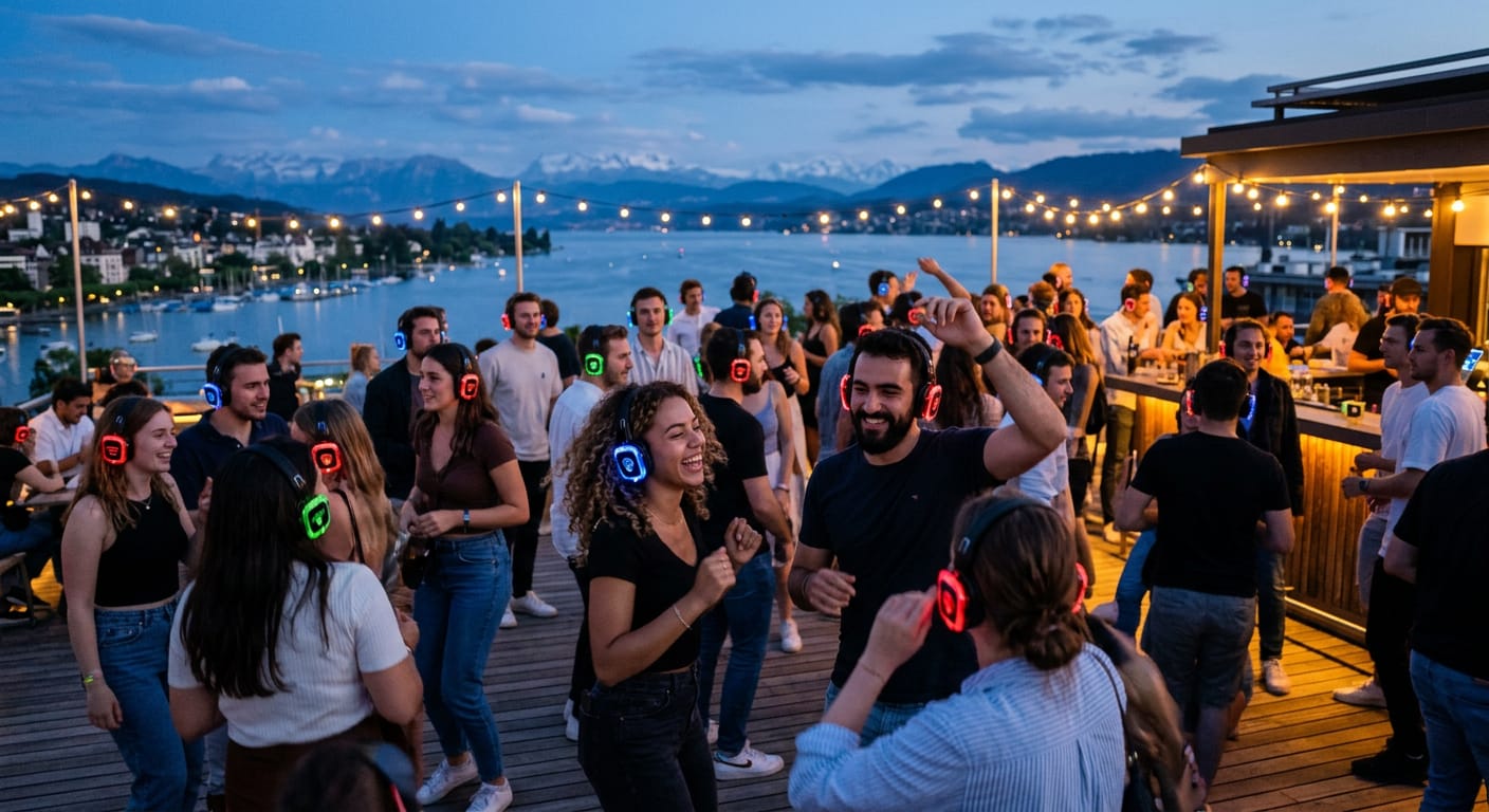 Tanzende Gäste an einer Silent Disco am See mit rot, blau und grün leuchtenden Kopfhörern