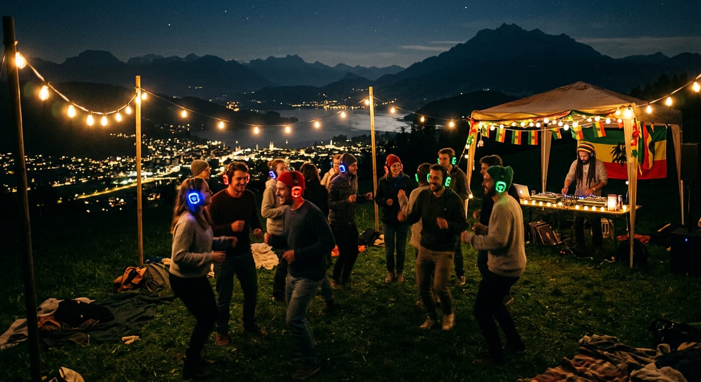 Gäste einer Openair Silent Party mit rot, blau und grün leuchtenden Kopfhörern